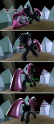 Size: 1700x3874 | Tagged: grimdark, suggestive, banned from derpibooru, deleted from derpibooru, derpibooru import, pinkie pie, changeling, 3d, abdominal bulge, absorption, belly, butt, butt expansion, cave, changelingified, comic, crystal, dialogue, digestion, duality, evil, expansion, fetish, flank, growth, inflation, looking back, misspelling, permanent, pinkamena diane pie, plot, raised leg, same size vore, self ponidox, sentient fat, source filmmaker, species swap, stomach, vore