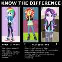 Size: 125x125 | Tagged: dead source, source needed, useless source url, safe, banned from derpibooru, deleted from derpibooru, derpibooru import, rainbow dash, starlight glimmer, sunset shimmer, equestria girls, athlete, beanie, clothes, comparison chart, hat, know the difference, leggings, modesty, picture for breezies, slut, text