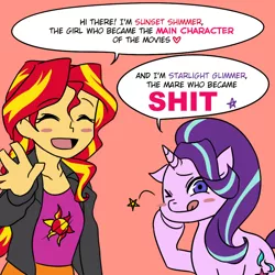 Size: 1000x1000 | Tagged: safe, artist:raika0306, banned from derpibooru, deleted from derpibooru, derpibooru import, edit, starlight glimmer, sunset shimmer, pony, unicorn, equestria girls, blush sticker, blushing, dialogue, drama, duo, eyes closed, female, heart, looking at you, mare, one eye closed, red background, simple background, starlight drama, tongue out, vulgar, waving, wink
