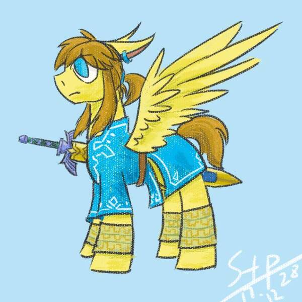 Size: 750x750 | Tagged: safe, artist:sunnytp, banned from derpibooru, deleted from derpibooru, derpibooru import, ponified, pegasus, pony, clothes, link, master sword, ponies of the wild, solo, sword, the legend of zelda, the legend of zelda: breath of the wild, tunic, weapon