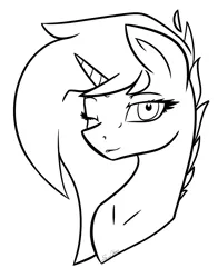 Size: 1100x1400 | Tagged: safe, artist:sisistarr, banned from derpibooru, deleted from derpibooru, derpibooru import, oc, unofficial characters only, pony, unicorn, black and white, commission example, female, grayscale, lineart, mare, monochrome, one eye closed, simple background, solo, white background, wink