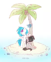 Size: 896x1080 | Tagged: safe, artist:jumblehorse, banned from derpibooru, deleted from derpibooru, derpibooru import, octavia melody, vinyl scratch, earth pony, pony, unicorn, 30 minute art challenge, bipedal, coconut, coconut tree, female, food, glowing horn, hair over eyes, horn, island, magic, mare, sitting, stranded, telekinesis