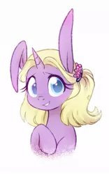 Size: 641x1026 | Tagged: safe, artist:jumblehorse, banned from derpibooru, deleted from derpibooru, derpibooru import, idw, unnamed character, unnamed pony, pony, unicorn, bunny ears, bust, female, floppy ears, looking at you, mare, portrait, simple background, smiling, solo, white background