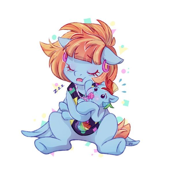 Size: 1050x1050 | Tagged: safe, artist:jumblehorse, banned from derpibooru, deleted from derpibooru, derpibooru import, rainbow dash, windy whistles, pegasus, pony, :t, baby, baby dash, baby pony, boop, cheek squish, clothes, cute, dashabetes, ear piercing, earring, eyes closed, female, filly, filly rainbow dash, floppy ears, foal, hnnng, holding a pony, hug, jewelry, mare, mother and child, mother and daughter, onomatopoeia, pacifier, piercing, puffy cheeks, shirt, simple background, sitting, sleeping, sound effects, spread wings, squishy cheeks, sweat, sweatdrop, tired, underhoof, white background, windybetes, wings, worried, younger, zzz