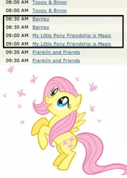 Size: 306x427 | Tagged: safe, banned from derpibooru, deleted from derpibooru, derpibooru import, fluttershy, barneyfag, favorite, listing, solo, text, tv guide