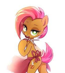 Size: 800x896 | Tagged: suggestive, artist:jumblehorse, banned from derpibooru, deleted from derpibooru, derpibooru import, edit, babs seed, earth pony, pony, apple eyes, apron, bedroom eyes, bipedal, butt, clothes, hairdresser, looking at you, looking back, looking back at you, mouth hold, plot, scissors, simple background, solo, white background, wingding eyes