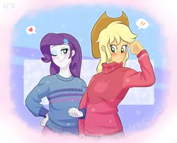 Size: 2707x2184 | Tagged: safe, artist:feellikeaplat, banned from derpibooru, deleted from derpibooru, derpibooru import, applejack, rarity, equestria girls, clothes, cowboy hat, cute, female, hat, heart, lesbian, one eye closed, rarijack, shipping, smiling, stetson, sweater, wink