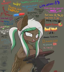 Size: 1604x1804 | Tagged: safe, artist:orang111, banned from derpibooru, deleted from derpibooru, derpibooru import, oc, oc:lynn, oc:sweet skies, pegasus, driving, keychain, shrunken pupils, solo, steering wheel, tired