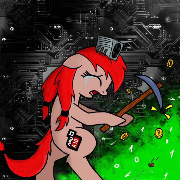 Size: 1980x1980 | Tagged: safe, artist:firelight_thunderlane, banned from derpibooru, deleted from derpibooru, derpibooru import, oc, oc:a-10, ponified, unofficial characters only, pony, amd, bitcoin, cooler, crying, cryptocurrency, female, image, mare, mining, pickaxe, png, pun, visual pun