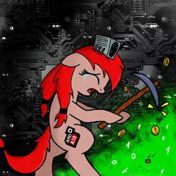 Size: 1980x1980 | Tagged: safe, artist:firelight_thunderlane, banned from derpibooru, deleted from derpibooru, derpibooru import, oc, oc:a-10, ponified, unofficial characters only, pony, amd, bitcoin, cooler, crying, cryptocurrency, female, image, mare, mining, pickaxe, png, pun, visual pun