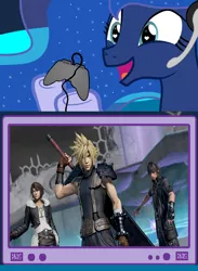 Size: 562x769 | Tagged: safe, banned from derpibooru, deleted from derpibooru, derpibooru import, princess luna, pony, gamer luna, cloud strife, dissidia final fantasy nt, exploitable meme, final fantasy, final fantasy vii, final fantasy viii, final fantasy xv, meme, noctis lucis caelum, obligatory pony, playstation 4, squall leonhart, tv meme