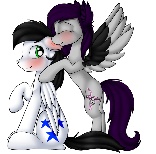 Size: 1771x1748 | Tagged: safe, artist:xcinnamon-twistx, banned from derpibooru, deleted from derpibooru, derpibooru import, oc, oc:cinnamon twist, oc:first choice, unofficial characters only, pegasus, pony, biting, blushing, cinnoise, couple, ear bite, female, male, oc x oc, shipping, simple background, straight, transparent background