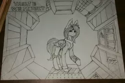 Size: 2560x1707 | Tagged: safe, artist:al1-ce, banned from derpibooru, deleted from derpibooru, derpibooru import, oc, oc:sinrin, unofficial characters only, fallout equestria, clothes, lineart, solo, traditional art, vault, vault 13, vault suit