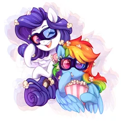 Size: 900x900 | Tagged: safe, artist:jumblehorse, banned from derpibooru, deleted from derpibooru, derpibooru import, rainbow dash, rarity, pegasus, pony, unicorn, 3d glasses, chest fluff, chromatic aberration, cute, dashabetes, female, food, mare, missing horn, one eye closed, open mouth, popcorn, raribetes, simple background, smiling, white background, wings, wink