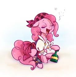 Size: 800x810 | Tagged: safe, artist:jumblehorse, banned from derpibooru, deleted from derpibooru, derpibooru import, pinkie pie, earth pony, pony, my little pony: the movie, abstract background, bandana, bottle, bubble, chromatic aberration, clothes, drool, drunk, eyes closed, female, floppy ears, mare, open mouth, pirate, pirate pinkie pie, simple background, smiling, solo, tongue out, white background