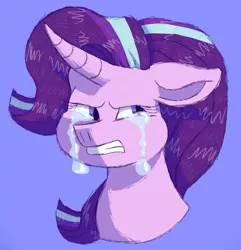 Size: 2800x2900 | Tagged: safe, artist:punkpride, banned from derpibooru, deleted from derpibooru, derpibooru import, starlight glimmer, pony, unicorn, blue background, bust, crying, female, floppy ears, looking back, mare, portrait, sad, simple background, solo