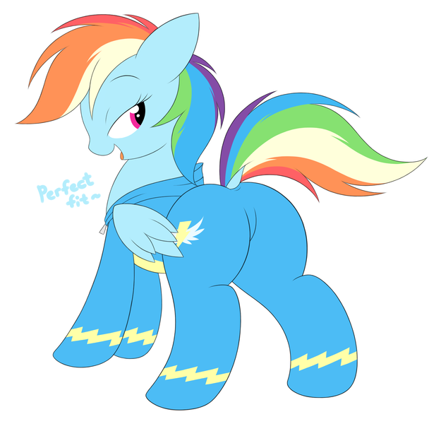 Size: 1734x1665 | Tagged: suggestive, artist:onlytheponies, banned from derpibooru, deleted from derpibooru, derpibooru import, rainbow dash, pony, butt, clothes, dialogue, dock, female, plot, rainbutt dash, simple background, skintight clothes, solo, solo female, stupid sexy rainbow dash, uniform, white background, wonderbolts uniform