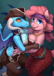 Size: 685x961 | Tagged: suggestive, artist:audrarius, banned from derpibooru, deleted from derpibooru, derpibooru import, pinkie pie, princess ember, anthro, dragon, 4chan, breasts, busty pinkie pie, busty princess ember, duo, female, females only, looking at you, sword, symmetrical docking, weapon