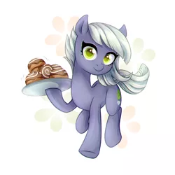 Size: 900x900 | Tagged: dead source, safe, artist:jumblehorse, banned from derpibooru, deleted from derpibooru, derpibooru import, limestone pie, earth pony, pony, chromatic aberration, cinnamon bun, colored pupils, female, food, hoof hold, looking at you, mare, simple background, solo, tray, white background