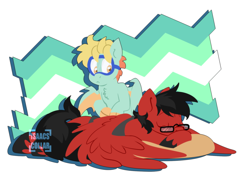 Size: 1024x745 | Tagged: safe, artist:isaacs-collar, banned from derpibooru, deleted from derpibooru, derpibooru import, oc, oc:bb, oc:toonkriticy2k, unofficial characters only, hybrid, pegasus, pony, goggles, heart eyes, red and black oc, wingding eyes