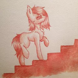 Size: 1080x1080 | Tagged: grimdark, artist:einzie, banned from derpibooru, deleted from derpibooru, derpibooru import, oc, unofficial characters only, earth pony, pony, blood, blood art, solo, stairs, traditional art, walking