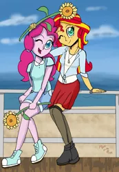 Size: 1968x2839 | Tagged: safe, artist:flight-of-the-moon, banned from derpibooru, deleted from derpibooru, derpibooru import, pinkie pie, sunset shimmer, equestria girls, alternate costumes, alternate hairstyle, beach, clothes, converse, female, flower, lesbian, open mouth, shipping, shoes, shorts, sunflower, sunsetpie