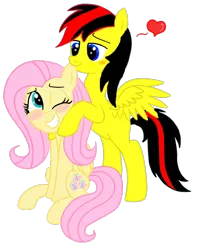 Size: 604x766 | Tagged: safe, artist:asya-friendly, banned from derpibooru, deleted from derpibooru, derpibooru import, edit, fluttershy, oc, oc:dasher, blushing, canon x oc, heart, love, nibbling, recolor, shipping, simple background, transparent background