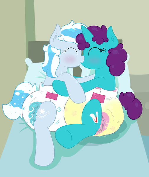 Size: 1839x2185 | Tagged: questionable, artist:vitriolink, banned from derpibooru, deleted from derpibooru, derpibooru import, oc, oc:snow frost, oc:vitriol ink, unofficial characters only, cute, diaper, diaper fetish, fetish, hug, kissing, poofy diaper, urine, wet diaper