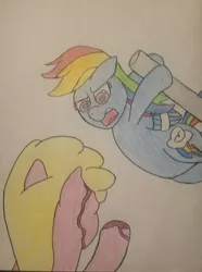 Size: 2268x3050 | Tagged: grimdark, artist:faintshadow, banned from derpibooru, deleted from derpibooru, derpibooru import, rainbow dash, pony, undead, zombie, zombie pony, blood, bound wings, broken wing, lead pipe, pipe, ponilive, traditional art, violence, weapon, wings