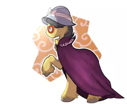 Size: 1024x837 | Tagged: safe, artist:victoriathething, banned from derpibooru, deleted from derpibooru, derpibooru import, a.k. yearling, pony, cloak, clothes, female, glasses, hat, raised hoof, smiling, solo