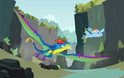 Size: 10124x6338 | Tagged: safe, artist:smcho1014, banned from derpibooru, deleted from derpibooru, derpibooru import, rainbow dash, oc, oc:wild sketchy, dinosaur, pegasus, pony, pterosaur, absurd resolution, dimorphodon, duo, flying, ghastly gorge, gorge, racing