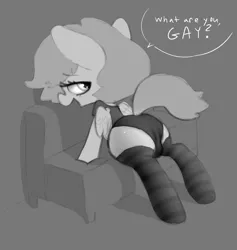 Size: 2838x3000 | Tagged: suggestive, artist:snugs, banned from derpibooru, deleted from derpibooru, derpibooru import, oc, unofficial characters only, pegasus, pony, butt, clothes, crossdressing, crotch bulge, femboy, implied gay, male, monochrome, panties, plot, sketch, socks, solo, solo male, striped socks, thigh highs, underwear