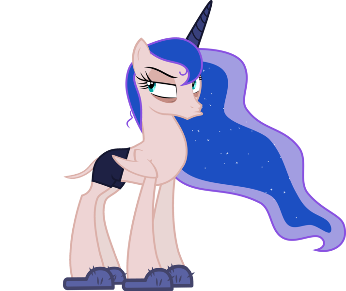 Size: 4000x3360 | Tagged: safe, artist:theartsyemporium, banned from derpibooru, deleted from derpibooru, derpibooru import, edit, edited edit, editor:slayerbvc, vector edit, princess luna, alicorn, a royal problem, bags under eyes, bed mane, clothes, duckface, female, furless, furless edit, grumpy, mare, missing accessory, morning ponies, nude edit, nudity, plucked, shaved, shaved tail, shorts, simple background, sleepy, slippers, solo, transparent background, unamused, underwear, vector