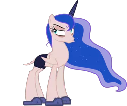 Size: 4000x3360 | Tagged: safe, artist:theartsyemporium, banned from derpibooru, deleted from derpibooru, derpibooru import, edit, edited edit, editor:slayerbvc, vector edit, princess luna, alicorn, a royal problem, bags under eyes, bed mane, clothes, duckface, female, furless, furless edit, grumpy, mare, missing accessory, morning ponies, nude edit, nudity, plucked, shaved, shaved tail, shorts, simple background, sleepy, slippers, solo, transparent background, unamused, underwear, vector