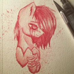 Size: 1080x1080 | Tagged: grimdark, artist:einzie, banned from derpibooru, deleted from derpibooru, derpibooru import, oc, unofficial characters only, bandage, blood, blood art, bust, crying, photo, portrait, traditional art