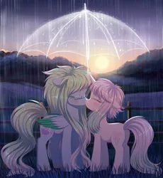 Size: 1200x1307 | Tagged: safe, artist:verawitch, banned from derpibooru, deleted from derpibooru, derpibooru import, oc, oc:amaranthine sky, oc:reverie, unofficial characters only, pegasus, pony, unicorn, female, fence, kissing, lesbian, rain, scenery, umbrella