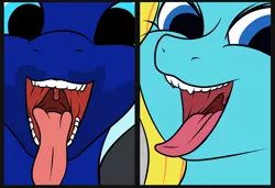 Size: 1004x686 | Tagged: artist needed, suggestive, banned from derpibooru, deleted from derpibooru, derpibooru import, oc, oc:cuteamena, oc:electric blue, unofficial characters only, duo, electricute, facial hair, female, image, looking at you, male, mawshot, open mouth, png, smiling, tongue out, uvula