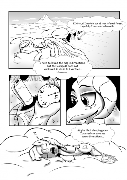 Size: 905x1280 | Tagged: safe, artist:ahobobo, banned from derpibooru, deleted from derpibooru, derpibooru import, princess ember, rainbow dash, comic:expanding relations, fanfic, cloud, compass, everfree forest, fanfic art, grayscale, internal monologue, monochrome, sleeping, this will end in weight gain, thought bubble, weight gain, weight gain sequence