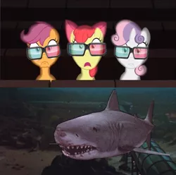 Size: 855x848 | Tagged: safe, banned from derpibooru, deleted from derpibooru, derpibooru import, apple bloom, scootaloo, sweetie belle, shark, one bad apple, 3d glasses, exploitable meme, jaws, meme, shocked, theater meme