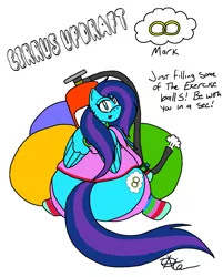 Size: 978x1218 | Tagged: safe, artist:scalebreakers-arcade, banned from derpibooru, deleted from derpibooru, derpibooru import, oc, oc:cirrus updraft, air tank, clothes, exercise ball, fat, hose, inflation, jacket, reference, socks