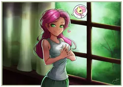 Size: 1131x800 | Tagged: safe, artist:the-park, banned from derpibooru, deleted from derpibooru, derpibooru import, fluttershy, human, clothes, curtains, humanized, looking at you, skinny, solo, standing, tanktop, window