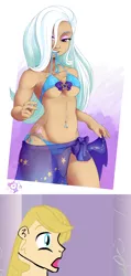 Size: 1280x2679 | Tagged: suggestive, artist:ponut_joe, banned from derpibooru, deleted from derpibooru, derpibooru import, edit, editor:jdueler11, prince blueblood, trixie, human, equestria girls, equestria girls series, forgotten friendship, abstract background, adorasexy, bedroom eyes, belly button, bellyring, bikini, blue swimsuit, bluetrix, bow swimsuit, breasts, clothes, cute, eyebrow piercing, eyeshadow, female, happy, high res, humanized, jewelry, lidded eyes, looking at you, makeup, male, mouth hold, piercing, sarong, sexy, shipping, side-tie bikini, smiling, solo, solo female, star printed swimsuit, straight, string bikini, swimsuit, tattoo, underboob, vulgar description, wrap skirt
