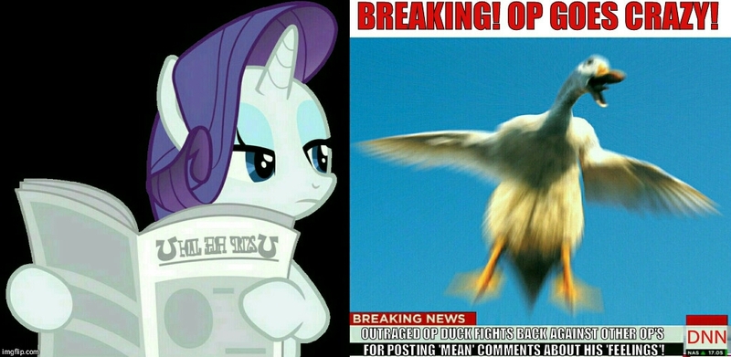 Size: 1022x499 | Tagged: safe, banned from derpibooru, deleted from derpibooru, derpibooru import, rarity, bird, duck, angry, exploitable meme, humor, meme, newspaper, newspaper meme, photo