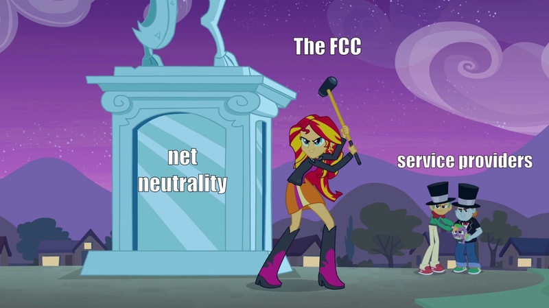 Size: 1280x719 | Tagged: safe, banned from derpibooru, deleted from derpibooru, derpibooru import, edit, edited screencap, screencap, snails, snips, sunset shimmer, equestria girls, caption, downvote bait, image macro, meme, net neutrality, text, wondercolt statue