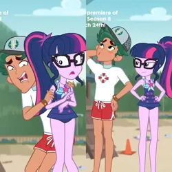 Size: 2048x2048 | Tagged: safe, banned from derpibooru, deleted from derpibooru, derpibooru import, screencap, sci-twi, timber spruce, twilight sparkle, equestria girls, equestria girls series, unsolved selfie mysteries, clothes, female, glasses, male, swimsuit