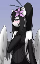 Size: 1500x2400 | Tagged: suggestive, artist:lilith, banned from derpibooru, deleted from derpibooru, derpibooru import, oc, oc:angel, unofficial characters only, anthro, crystal pony, hybrid, pegasus, arm hooves, backless, blushing, breasts, clothes, female, flower, flower in hair, gloves, image, jpeg, long gloves, open-back sweater, sideboob, sleeveless, sleeveless sweater, solo, sweater, virgin killer sweater