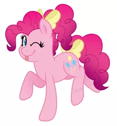 Size: 1594x1716 | Tagged: safe, artist:stephanoodle, banned from derpibooru, deleted from derpibooru, derpibooru import, pinkie pie, :p, ;p, bow, cute, diapinkes, hair bow, one eye closed, silly, simple background, smiling, solo, tail bow, tongue out, wink