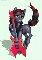 Size: 849x1200 | Tagged: safe, artist:icecapers, banned from derpibooru, deleted from derpibooru, derpibooru import, oc, oc:tera tremolo, pony, unicorn, clothes, cutie mark, ear fluff, guitar, jacket, leather jacket, looking at you, musical instrument, nose piercing, piercing, punk, rock, rock (music), smiling, solo