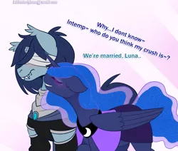 Size: 1061x900 | Tagged: safe, artist:eve-of-halloween, banned from derpibooru, deleted from derpibooru, derpibooru import, princess luna, oc, oc:intemp, alicorn, dracony, dragon, hybrid, pony, unicorn, ask motherly luna, bandage, blind, canon x oc, female, male, predorus, straight