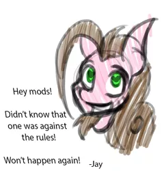 Size: 630x655 | Tagged: safe, artist:lil miss jay, banned from derpibooru, deleted from derpibooru, derpibooru import, oc, oc:jay, hybrid, zebra, zebroid, apology, facial hair, goatee, now you fucked up, smiling, text